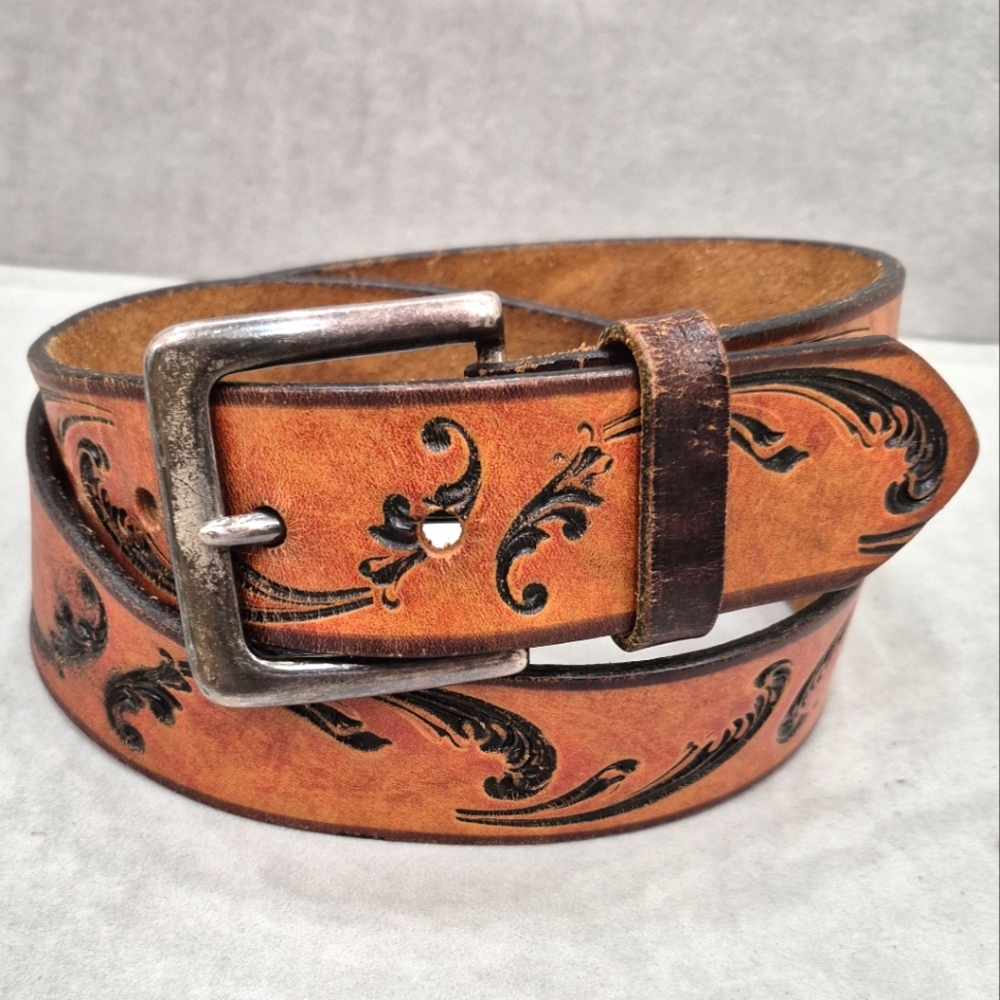 Express belt women's small brown tooled leather paisley solid brass buckle